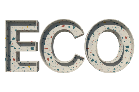 Volumetric 3D 'ECO' text rendered in terrazzo-style material with colorful flecks, hollow letters on a clean transparent background, symbolizing sustainability and eco-friendliness. background removed - Powered by Adobe
