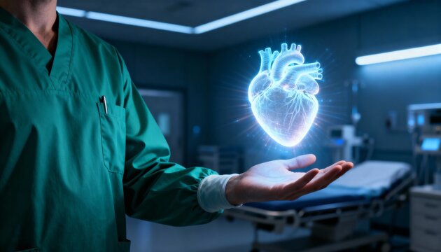 Doctor in green scrubs holding a glowing blue holographic human heart model in a high-tech hospital environment, showcasing advanced cardiology. - Powered by Adobe