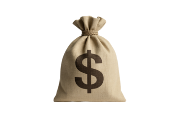 A traditional burlap money bag, securely tied, displaying a large dollar sign. Represents wealth, savings, and financial prosperity. background removed