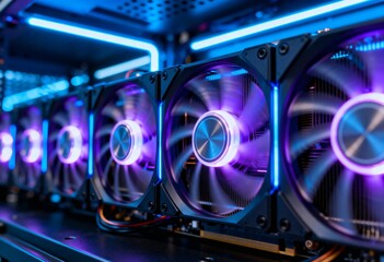 Close-up of PC cooling system featuring multiple spinning fans illuminated by vibrant purple and blue RGB lighting.