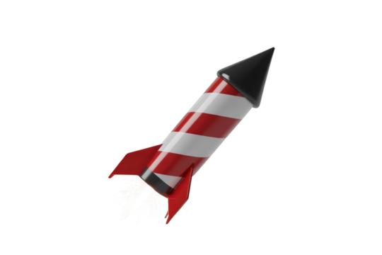 A vibrant 3D rocket, red and white striped with black fins, launching with a dynamic white spark trail. background removed
