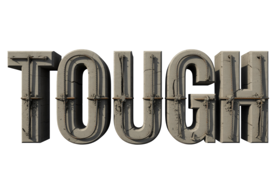 The word 'TOUGH' is rendered in a realistic 3D concrete text effect, featuring cracked textures and exposed rebar, suggesting strength and resilience. background removed