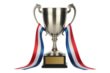 A shining silver trophy cup with red, white, and blue ribbons draped from its handles, on a dark base, signifying victory. background removed