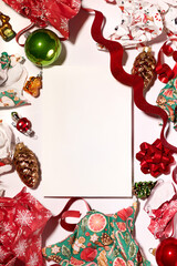 White card with Christmas decorations. Frame of Christmas decorations