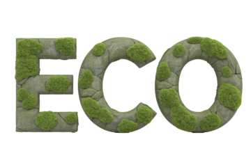 The word 'ECO' crafted from textured grey stones, partially covered with vibrant green moss, conveying a natural and eco-friendly theme. background removed