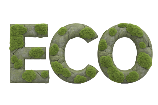 The word 'ECO' crafted from textured grey stones, partially covered with vibrant green moss, conveying a natural and eco-friendly theme. background removed