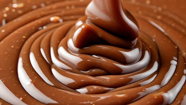 Close-up of thick dark brown glossy chocolate syrup pouring creating a swirling liquid food texture and pattern in macro detail