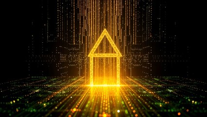 digital neon house icon matrix in virtual hologram holographic gold golden line particle on cyber circuit board landscape