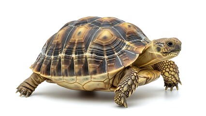 Fototapeta premium A tortoise with a patterned shell walks on a white background, facing to the right.