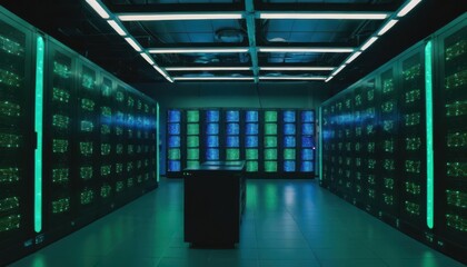 Modern Data Center Illuminated by Vibrant Cyber Glow