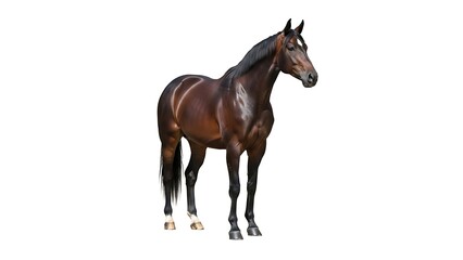Obraz premium A dark bay horse stands isolated on a white background, facing right, with its head turned slightly towards the viewer.