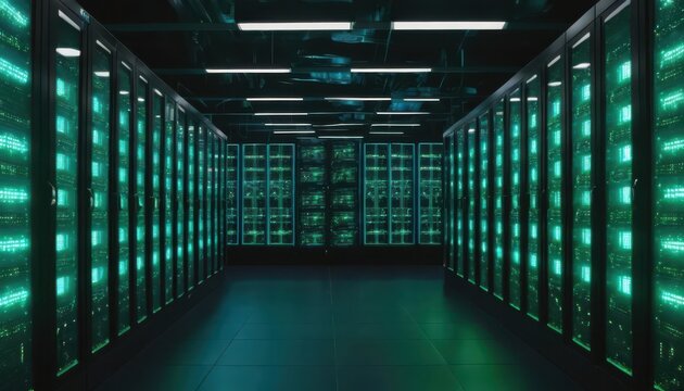 Server Farm with Green Lights and Binary Code