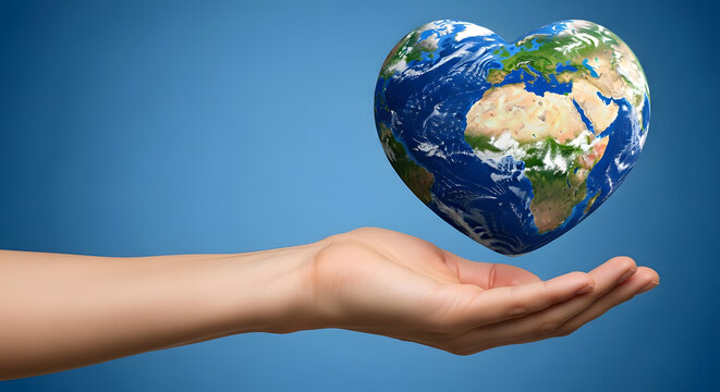 Protect our world showing love and care, holding a heart shaped globe in hand, promoting environmental protection and global awareness now