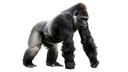 A powerful silverback gorilla stands tall, showcasing its muscular build against a plain white background.
