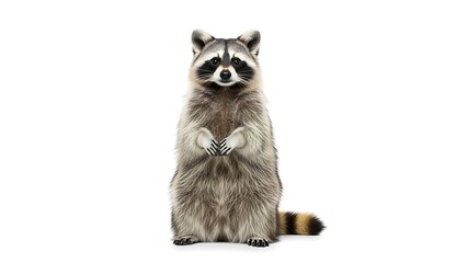 Obraz premium Standing raccoon with paws together, looking forward on a plain white background.