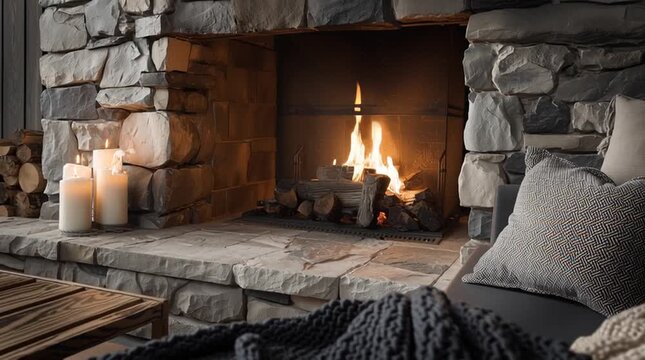 A cozy living room scene with a stone fireplace and soft blankets and pillows