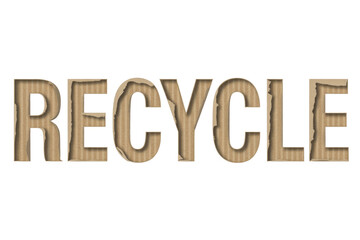 The word 'RECYCLE' is artfully cut from corrugated cardboard, showcasing its textured layers against a clean transparent background, promoting environmental awareness. background removed