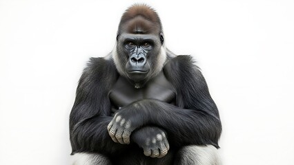 Fototapeta premium A silverback gorilla sits with its arms crossed, looking directly at the viewer against a bright background.