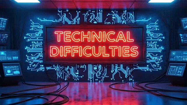 Neon Technical Difficulties Display: A striking neon sign boldly declares Technical Difficulties within a futuristic control room, conveying digital challenges and technological obstacles.