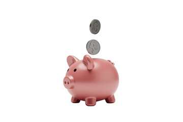 Obraz premium A 3D rendering depicts a pink piggy bank with two silver coins falling into it, symbolizing saving money, investment, and financial growth. background removed