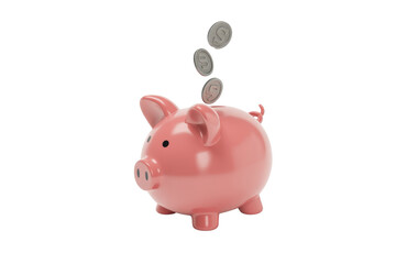 Obraz premium A pink 3D piggy bank collects falling silver coins with 'S' symbols, representing saving money and financial investment. background removed