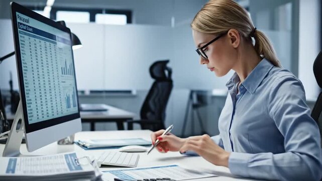 Dedicated female professional meticulously reviewing data on her computer in a bright modern office.