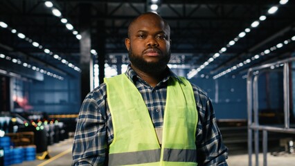 Black engineer at a worksite monitoring machinery automation, highlighting steel fabrication, workforce collaboration and the industrial operation required in modern production.