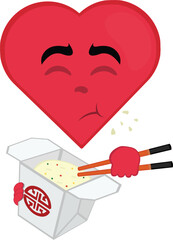vector illustration emoticon character heart cartoon, eating chinese food in a cardboard box of rice with chopsticks