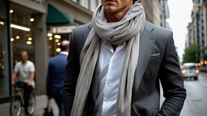 A stylishly dressed man in a grey suit and a long scarf walks confidently through a busy city street.