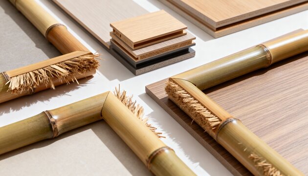 Medium shot capturing bamboo frames in ecoconscious design contrasting untreated raw edges with refined treated and laminated finishes for versatile uses