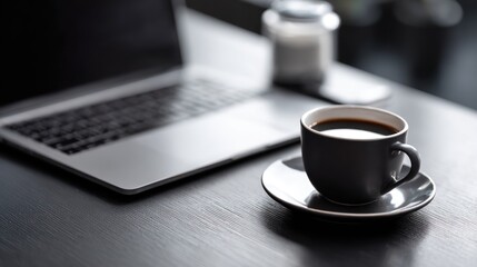 Morning productivity: A cup of coffee and laptop on a modern workspace