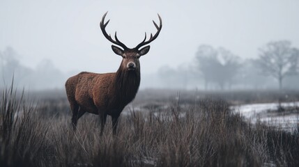 Fototapeta premium Majestic stag standing tall in misty field, capturing winter wildlife beauty