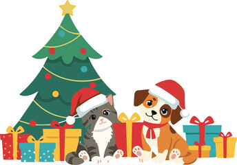 Christmas pet scene illustration, decorated tree, cat and dog, festive gifts, holiday celebration, vector graphic, cheerful, cozy, artChristmas pet scene illustration, decorated tree, cat and dog,, 