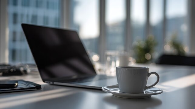Morning coffee and productivity at the office desk with city view backdrop