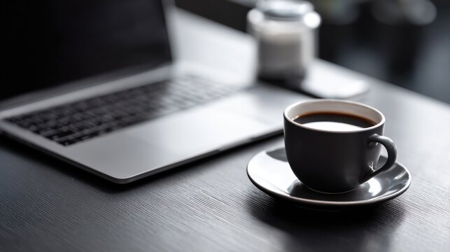 Morning productivity: A cup of coffee and laptop on a modern workspace