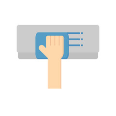 Air conditioner indoor unit cleaning vector icon. Hand wiping evaporator indoor unit, representing AC cleaning, HVAC maintenance for cooling efficiency, healthy airflow and energy savings.