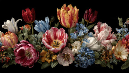 A stunning, rich floral arrangement features various colorful tulips and vibrant small blooms against a dramatic transparent background, evoking a classic painterly style.