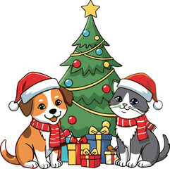 Christmas pet scene illustration, decorated tree, dog and cat, festive gifts, holiday celebration, winter decor, vector graphic, art