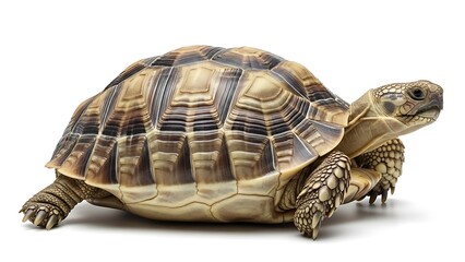 Fototapeta premium A detailed side view of a tortoise with a textured shell, isolated on white.