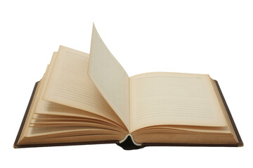 An old, open book or notebook with blank, lined, yellowed pages, with some pages turning, signifying readiness for new entries or stories. background removed