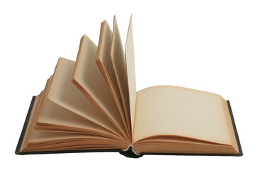 An old, open book with aged, fanned-out pages, revealing some text and blank sections, against a transparent background. background removed