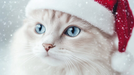 Cute white cat wearing a Santa hat with bright blue eyes and a snowy background during the holiday season