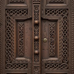 Intricately Carved Wooden Door - Detailed Close-Up of Armenian Architectural Ornamentation.