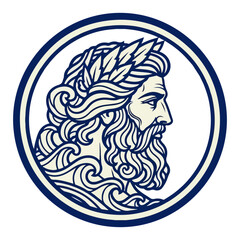 Zeus God Profile Medallion. Greek mythology character with a laurel wreath. Line art vector logo illustration.