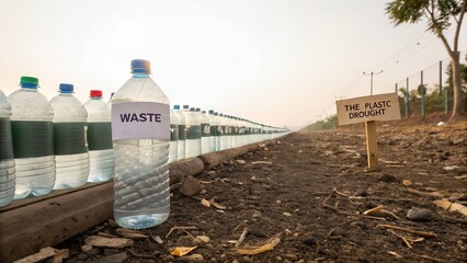 Endless line of empty plastic bottles on ground with waste label