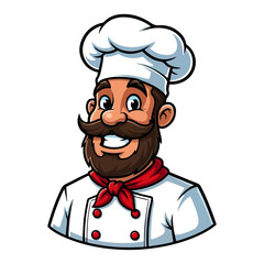 Happy Chef Cartoon Character Mascot. Smiling Cook with Mustache for Restaurant or Bakery Logo. Vector Illustration.