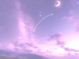 紫色の夜空と三日月とハートを描く流れ星のイラスト