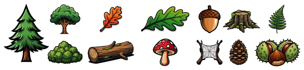 Forest elements icons set — vector collection of trees leaves mushrooms acorns cones and logs