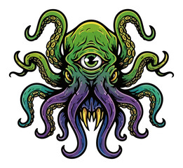 Cosmic Octopus Monster Mascot with One Eye. Alien Cthulhu Creature Vector Cartoon Illustration.
