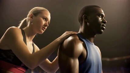 Supportive female trainer offers encouragement to a determined male athlete, providing comfort and focus before a major sporting event
